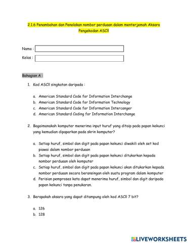 Penambahan dan Penolakan nombor perduaan dalam menterjemah aksara pengekodan ASCll