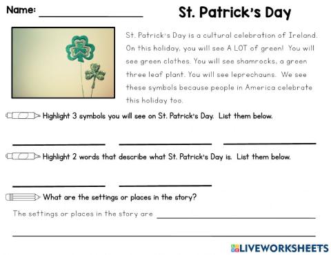 St. Patrick's Day Reading Comprehension