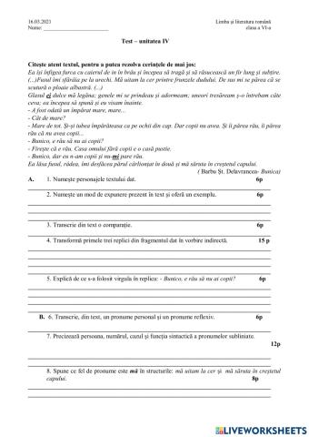 Test - cls 6 unitatea IV
