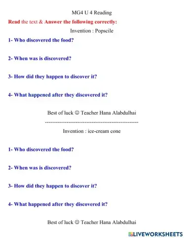MG4 U4 Reading comprehension Questions