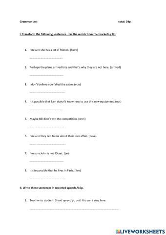 Grammar test: modal verbs, reported speech, relative clauses