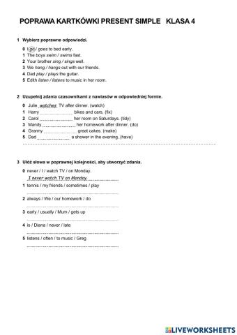 Poprawa present simple klasa 4