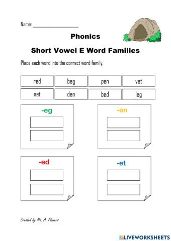 Short Vowel E Word Families