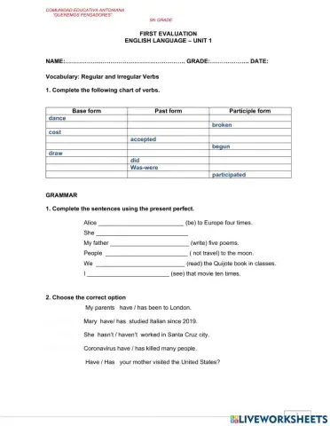 Present Perfect test