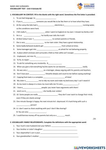 Unit 4: Vocabulary Test