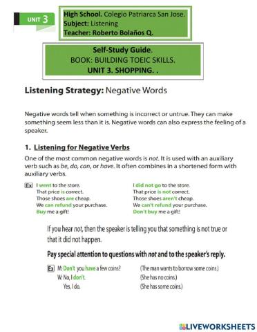 Building, unit 3, listen strategy negative words