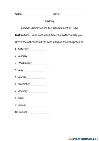 Common Abbreviations for Measurement of Time
