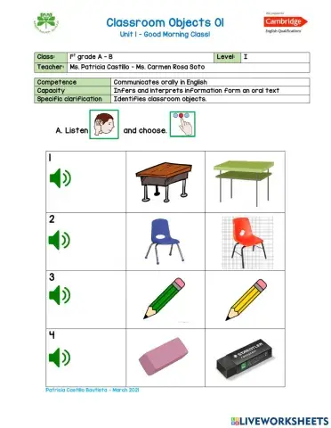 1st grade - Classroom Objects 01