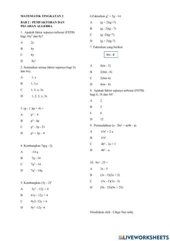 Bab 2 : pemfaktoran dan pecahan algebra