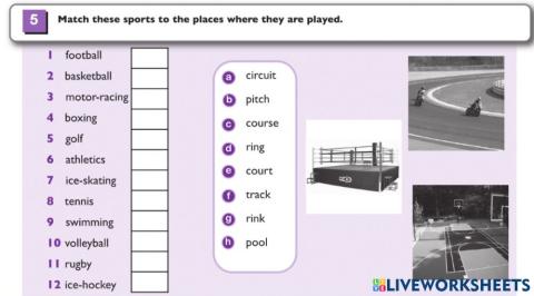 Match the sports to the playing areas. They write the letter of each playing area in the box to the right of each sport