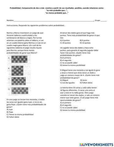 Probabilidad. Comparación de dos o más eventos a partir de resultados posibles