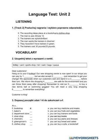 Language Test A2: Unit 2 (Shopping)