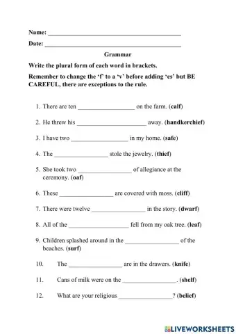 Plurals - Words That End in 'f' or 'fe'