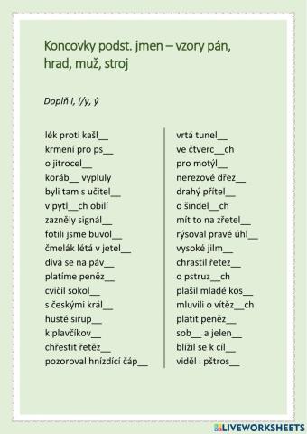 Koncovky podst. jmen – vzory pán, hrad, muž, stroj
