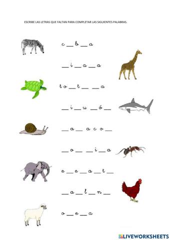 Completar vocabulario de animales