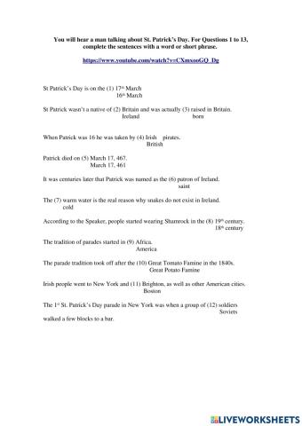 St Patrick's Day multiple choice