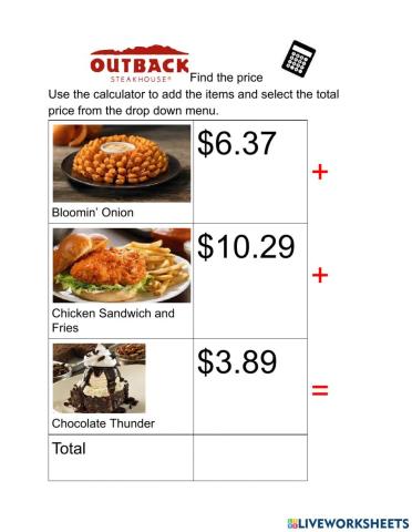 Find the price Outback Steakhouse