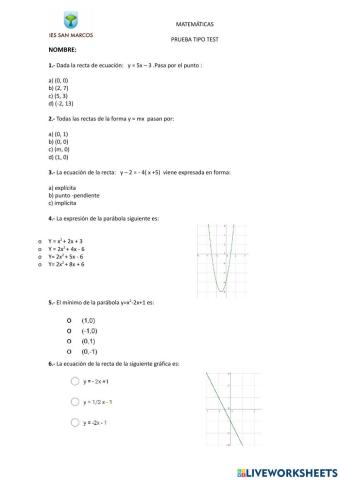 Examen tipo test funciones elementales