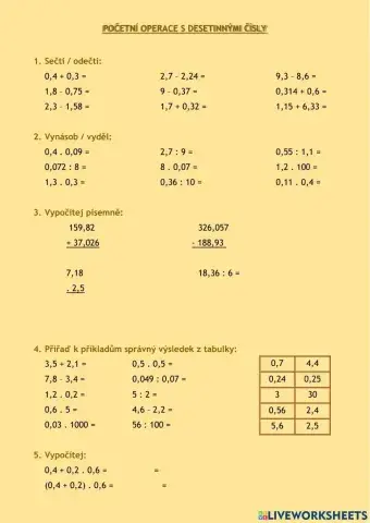 Desetinná čísla - početní operace