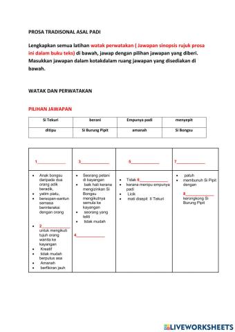 Latihan Watak Perwatakan Asal Padi