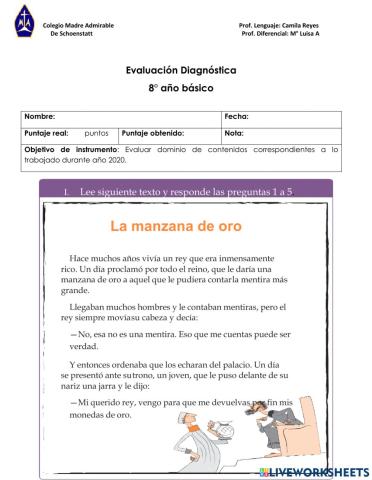 Evaluación Diagnóstica 8° lenguaje