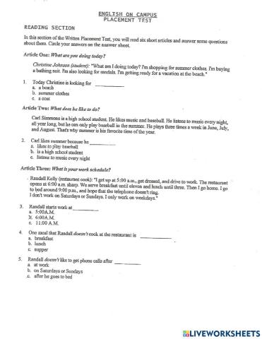 Interchange Series Written Placement Test