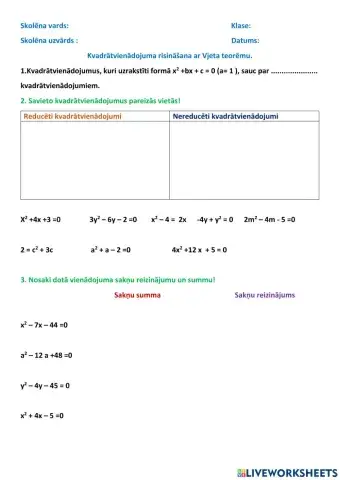 Kvadrātvienādojums-Vjeta teorēma