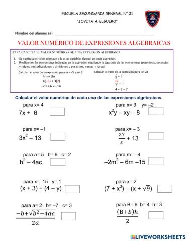 Valor numérico de expresiones algebraicas