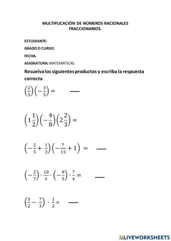 Multiplicacion de nueros racionales fraccionarios