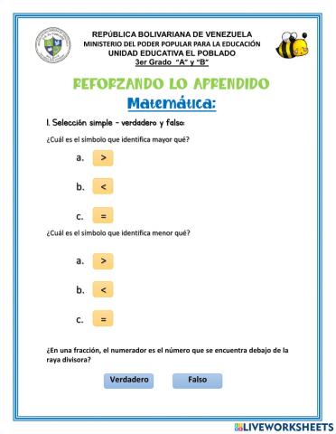 Evaluación de Matemática 3er Grado, fracciones