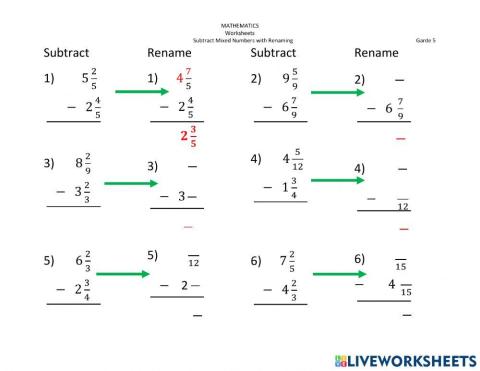 Subtract Mixed Numbers with renaming