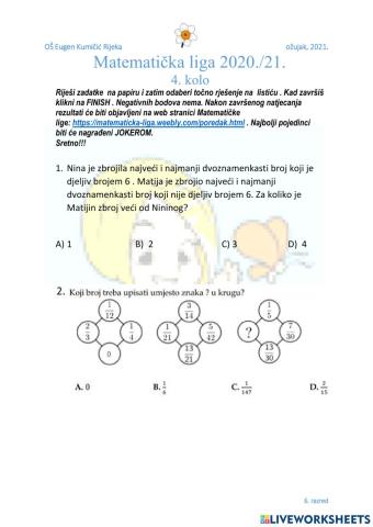 Natjecanje Matematička liga 4 kolo