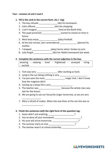 Test Project 4 - verb patterns, question tags, adjectives