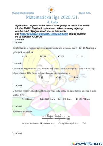 Matematička liga 5 4 kolo 7 razred