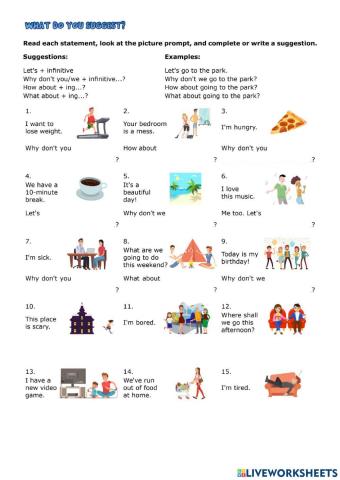 Making suggestions with Let's, What about, How about and Why don't we