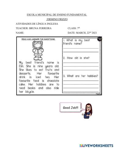 Aula de inglês para 7 ano