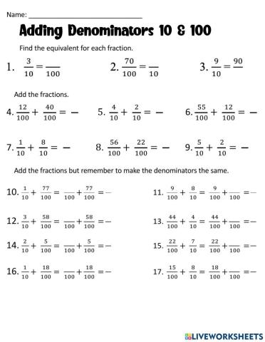 Adding Like Denominators 10 & 100   4NF5