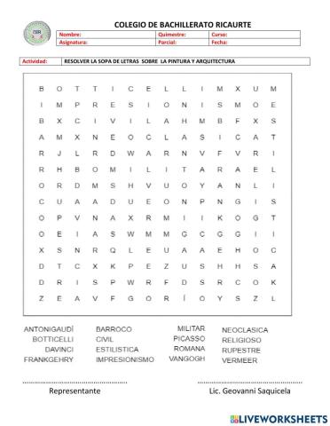 2DO ECA SOPA DE LETRAS EXPONENTES DE PINTURA Y ARQUITECTURA