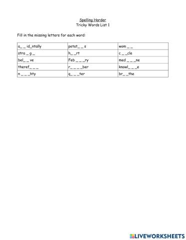 Tricky Words List 1 Spelling