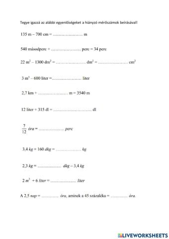 Mértékegységátváltás, szöveges feladat