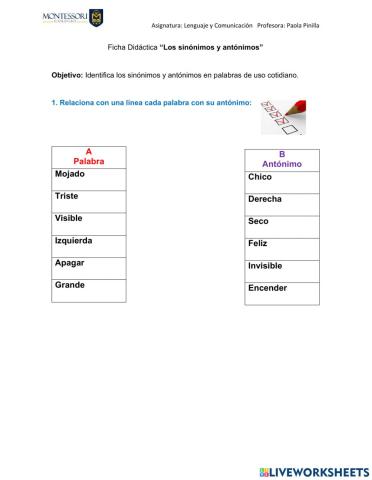 Ficha didáctica de sinónimos y antónimos