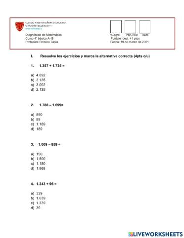Prueba de diagnóstico 4° Matemática