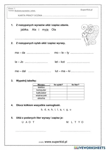 Układanie wyrazów i zdań