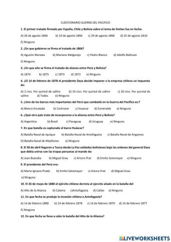 Cuestionario Guerra del Pacífico