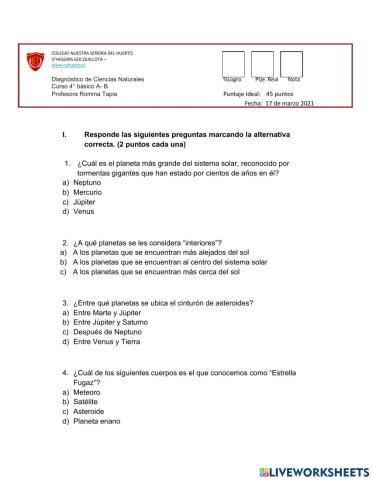 Prueba de diagnóstico 4°básico Ciencias Naturales