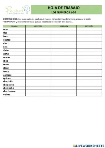 Hoja de trabajo - los números 1-20