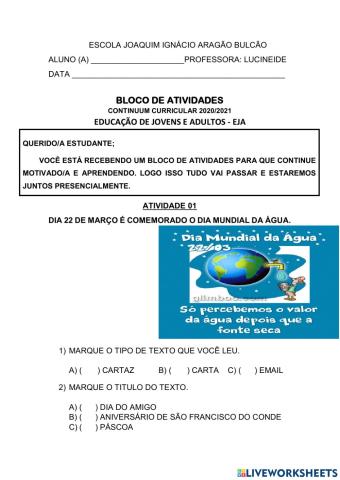 Atividade Dia Mundial da Água