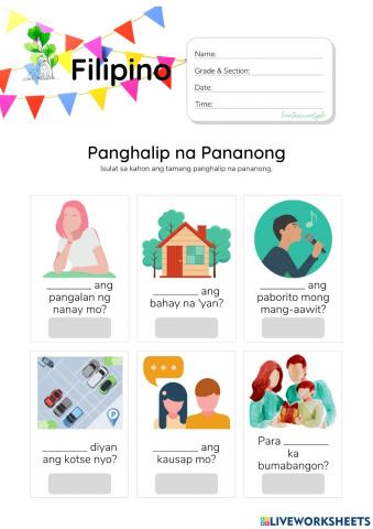 Panghalip na Pananong (HuntersWoodsPH Filipino Worksheet)