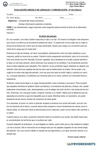 Evaluación Unidad 0 Lenguaje 6° básico