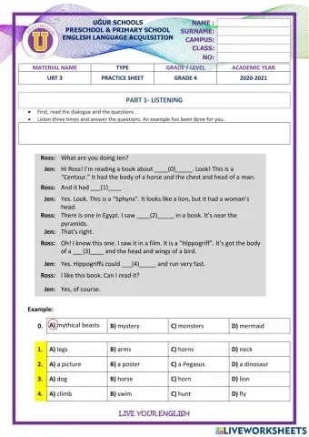 4th GRADE URT 3 PRACTICE SHEET